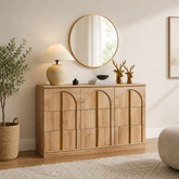Teak wood modern storage cabinet with arched doors