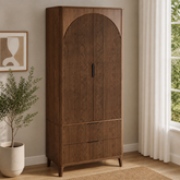 Teak wood arched fluted wardrobe cabinet with drawers