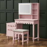 Stylish pink makeup vanity with storage cabinet