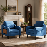 Blue lounge armchair with teak wood panel