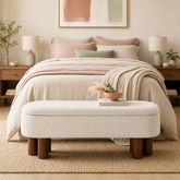 Teak wood bouclé bedroom bench with upholstered cream seat
