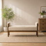 Teak wood bouclé upholstered bench for modern home