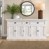 White teak wood sideboard cabinet with drawers and storage doors