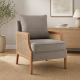 Teak wood cane accent chair with upholstered cushion
