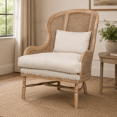 Solid teak wood cane lounge chair with linen cushion