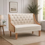 Premium teak wood cane loveseat sofa with tufted upholstered backrest