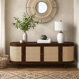 Handcrafted teak wood cane sideboard cabinet with curved design