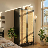 Modern teak wood wardrobe with woven cane doors