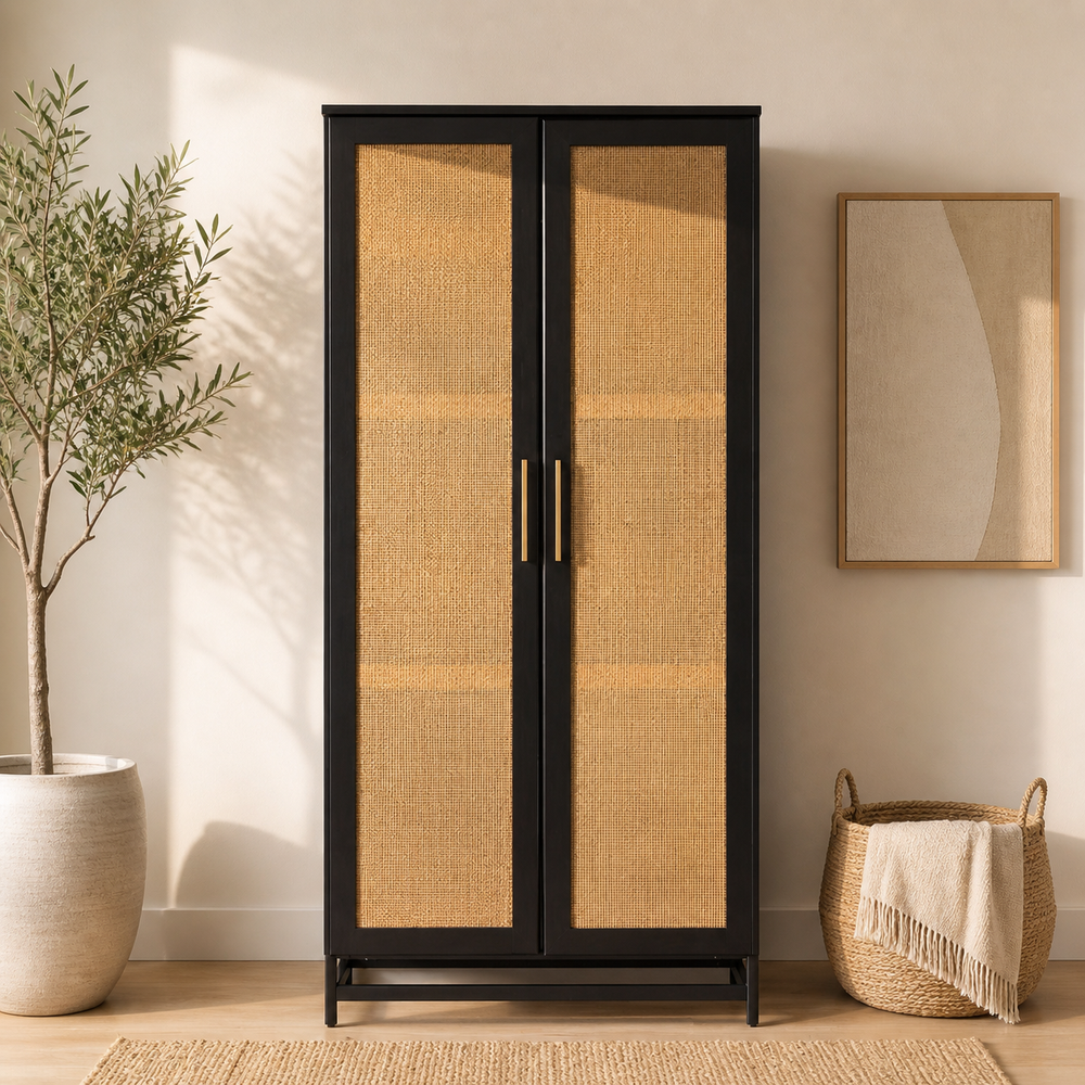 Teak wood cane wardrobe with black frame in modern bedroom