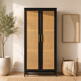 Teak wood cane wardrobe with black frame in modern bedroom