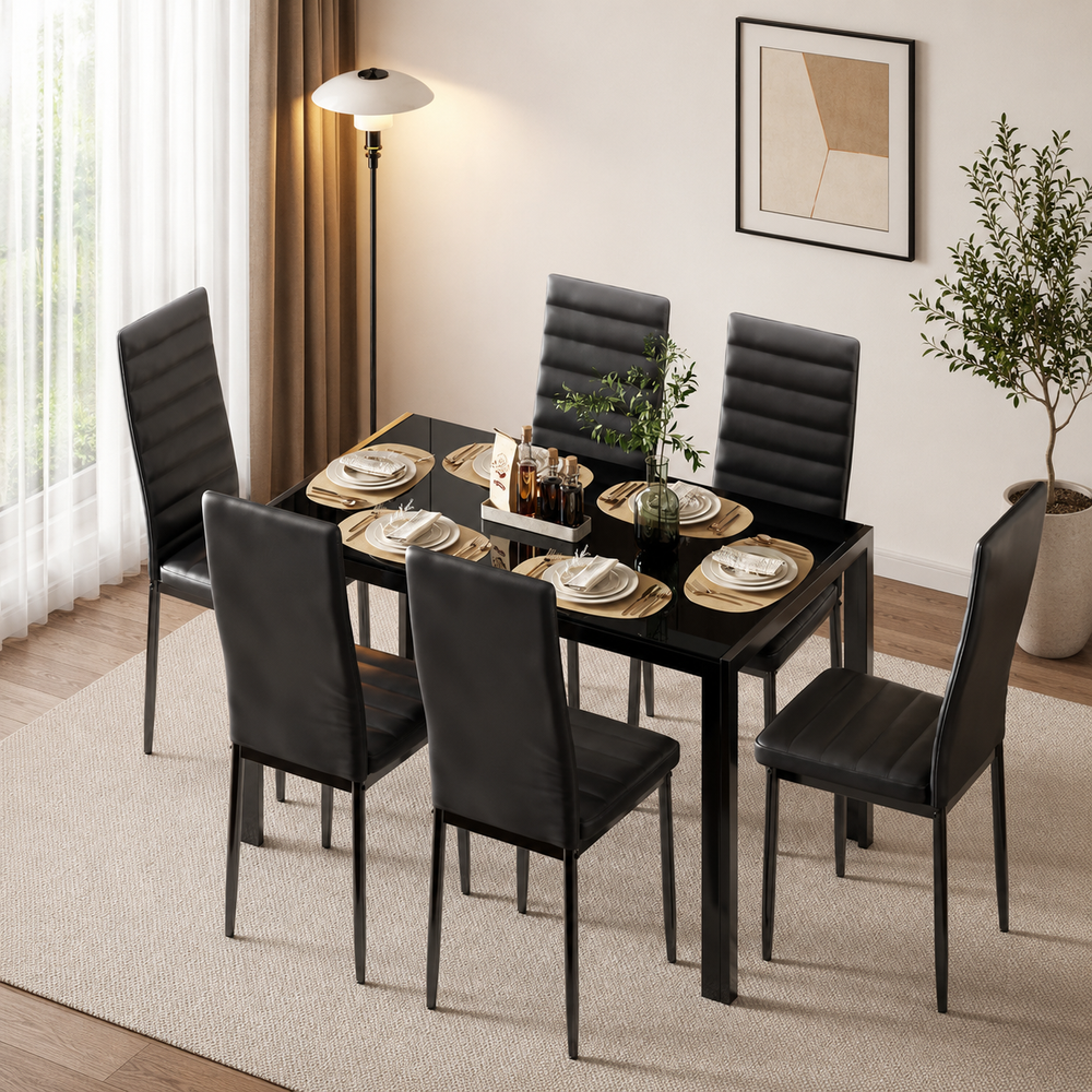 Modern black teak wood 6 seater dining table set