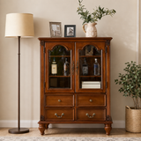 Solid teak wood display cabinet with glass doors and storage drawers