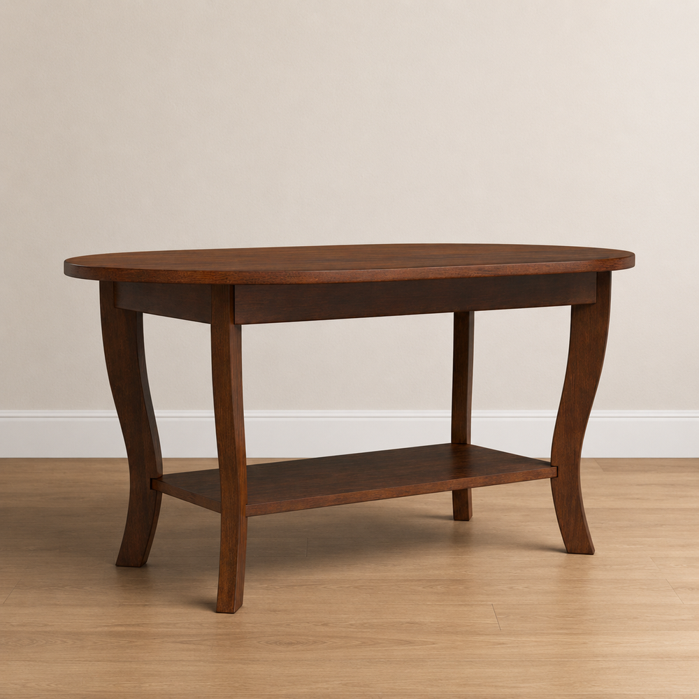 Solid teak wood oval console table with lower storage shelf
