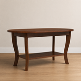 Solid teak wood oval console table with lower storage shelf