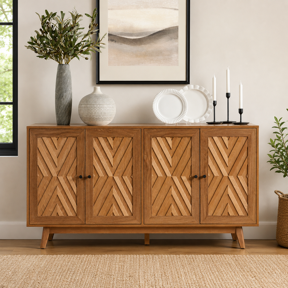 Solid teak wood geometric sideboard cabinet for living room