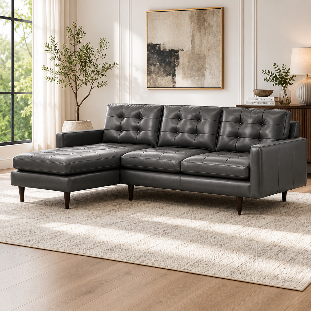 Premium teak wood L-shaped sectional sofa with chaise lounge in charcoal grey.