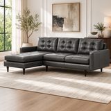 Premium teak wood L-shaped sectional sofa with chaise lounge in charcoal grey.
