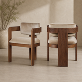 Luxury teak wood upholstered accent armchair with beige cushion