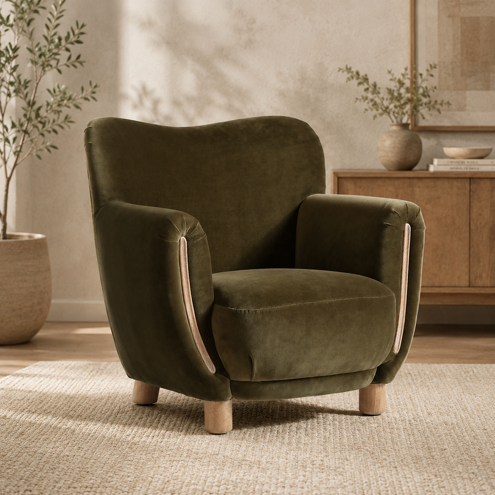 Luxury teak wood accent armchair with olive green upholstery