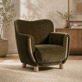 Luxury teak wood accent armchair with olive green upholstery