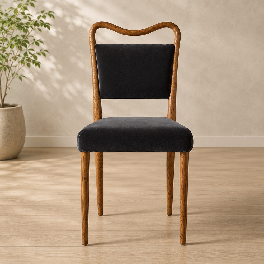 Solid teak wood dining chair with black upholstered seat