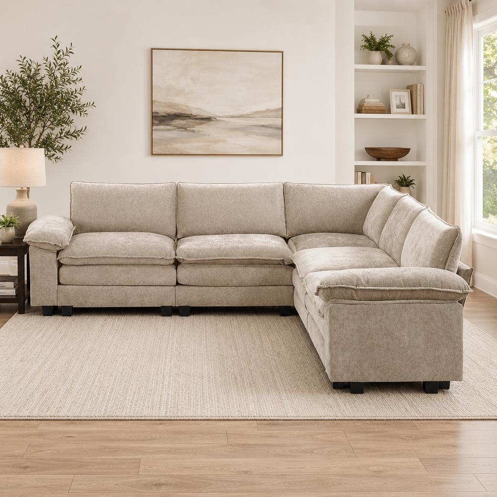 Luxury teak wood L shape sectional sofa in beige fabric