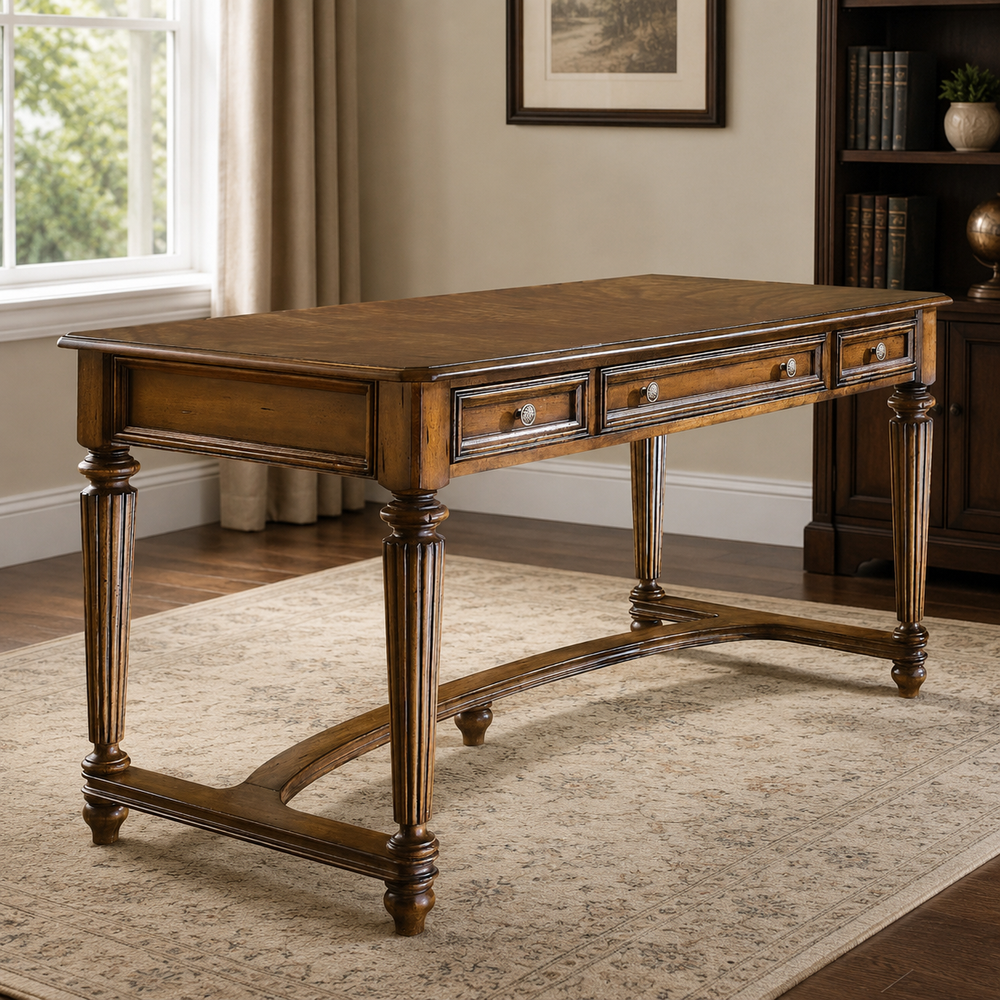 Solid teak wood executive writing desk with three drawers and carved legs