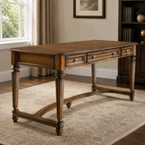 Solid teak wood executive writing desk with three drawers and carved legs