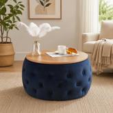 Teak wood ottoman coffee table with tufted navy blue base