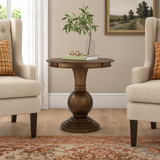 Solid teak wood round pedestal side table in walnut finish
