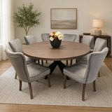 Round teak wood dining table set with 8 grey upholstered chairs