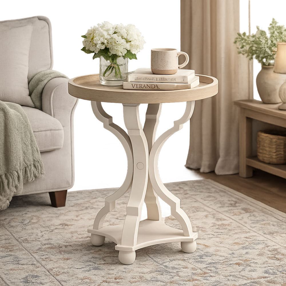 Solid teak wood round accent side table with ivory pedestal base