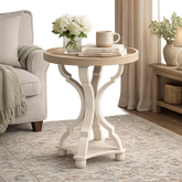 Solid teak wood round accent side table with ivory pedestal base