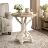 Solid teak wood round accent side table with ivory pedestal base