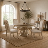 Elegant teak wood round dining table set with upholstered chairs