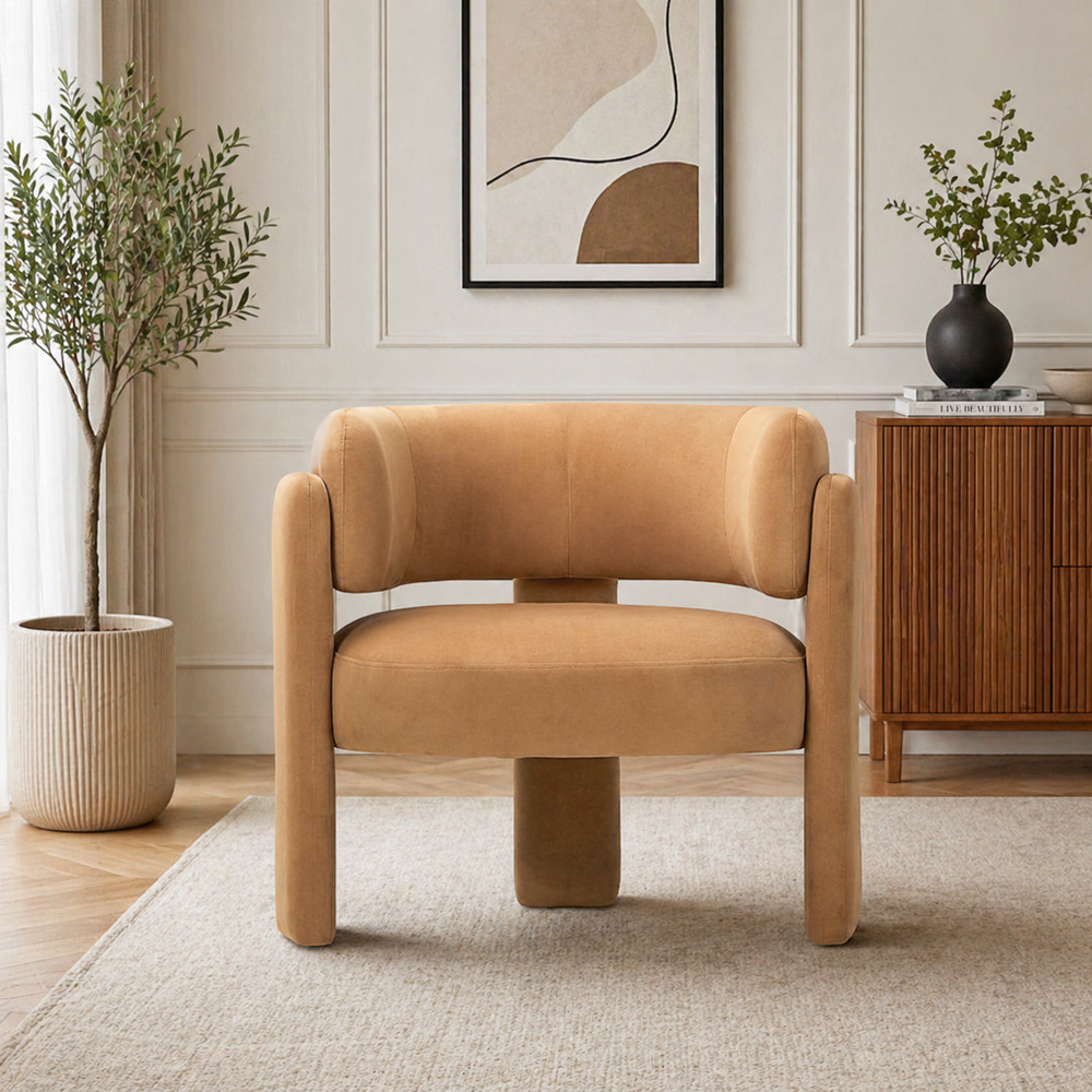Teak wood sculptural accent chair in beige upholstery