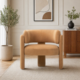 Teak wood sculptural accent chair in beige upholstery