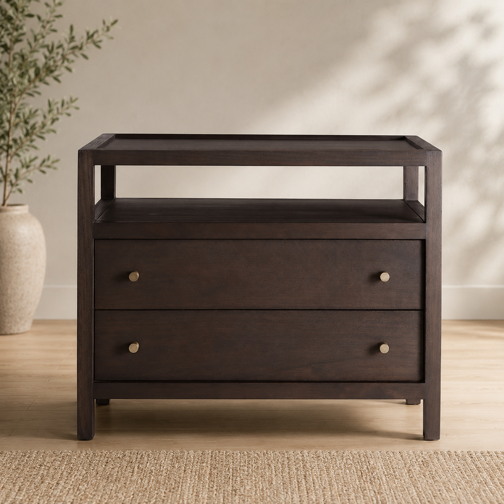 Solid teak wood bedside table with two drawers and open shelf