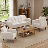 Modern teak wood sofa set with cream upholstery in living room