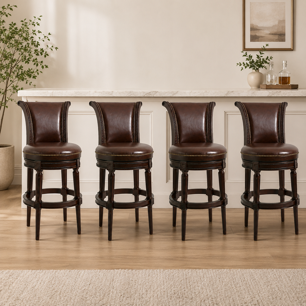 Set of 4 teak wood swivel bar stools with brown leather upholstery
