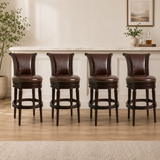 Set of 4 teak wood swivel bar stools with brown leather upholstery