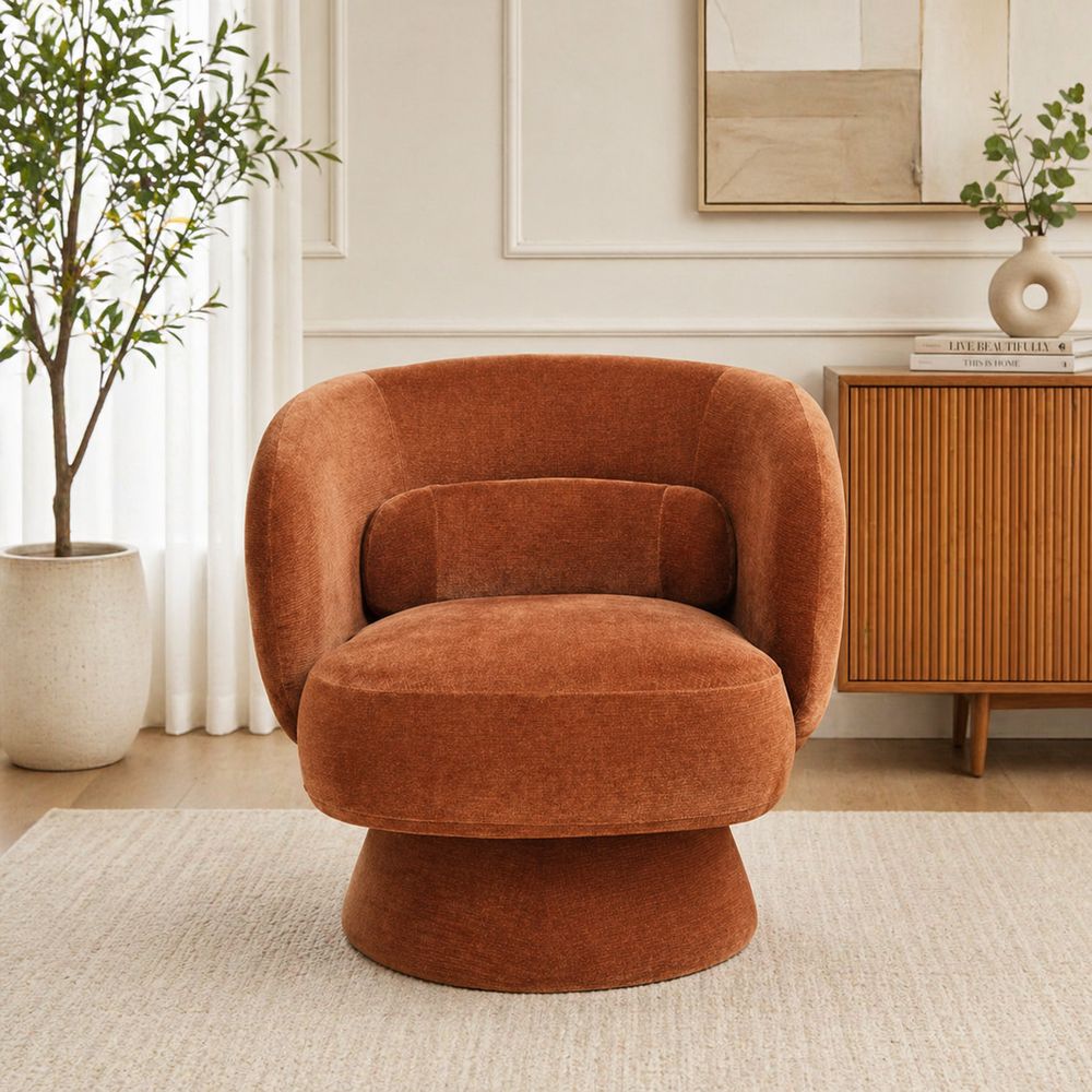 Teak wood swivel barrel accent chair in rust velvet
