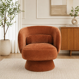 Teak wood swivel barrel accent chair in rust velvet