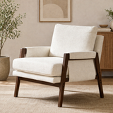 teak wood upholstered accent chair with ivory cushions