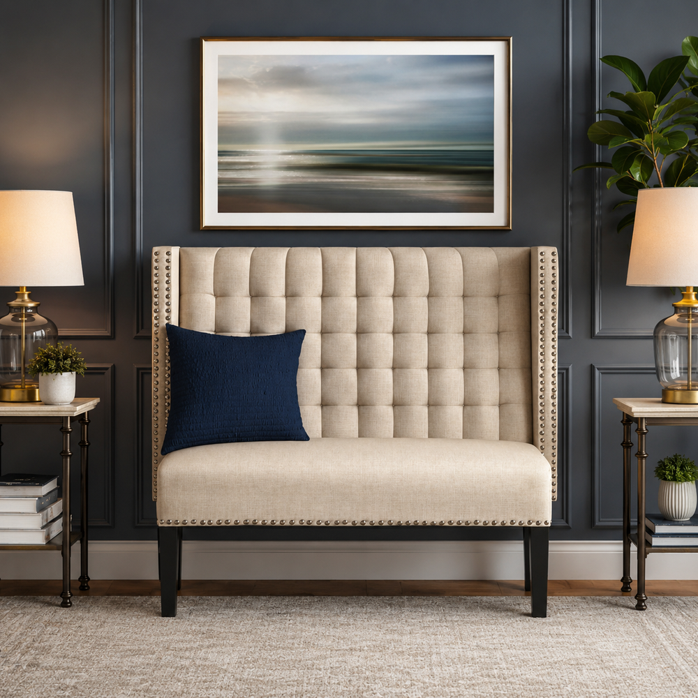 Teak wood upholstered accent loveseat chair with tufted back