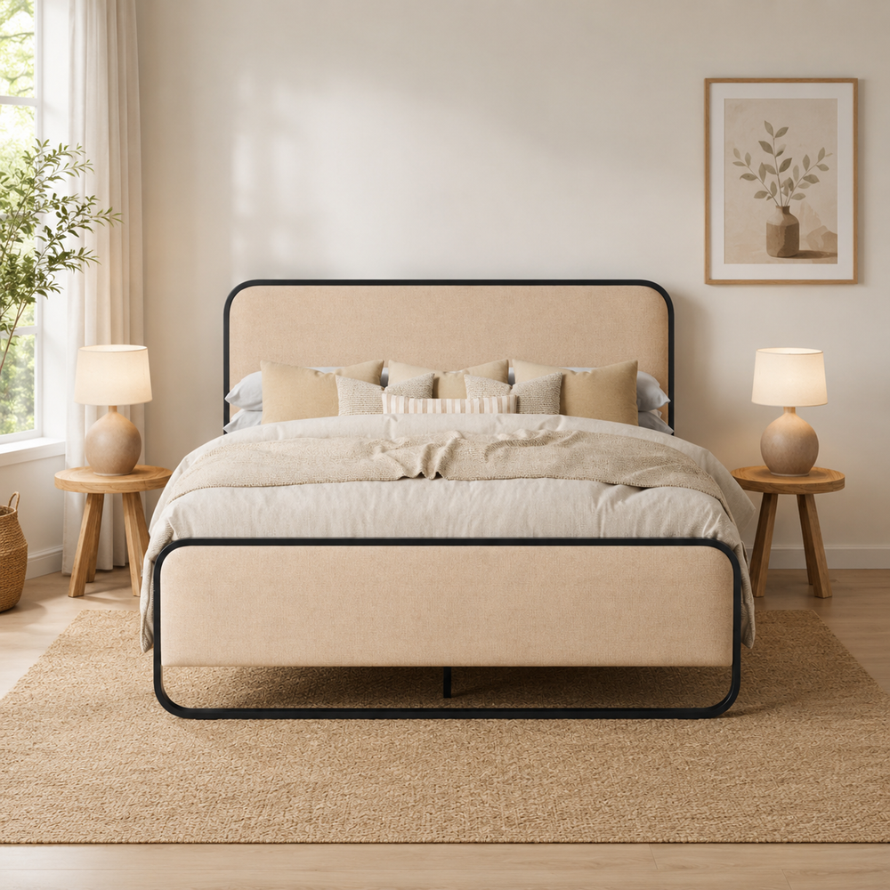 Modern beige upholstered teak wood bed frame