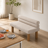 Stylish dining bench with premium fabric upholstery and teak wood legs