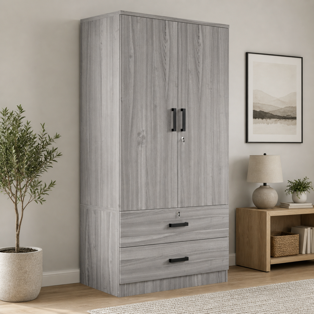 Teak wood double door wardrobe with drawers"