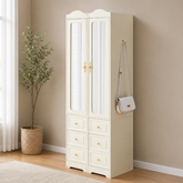 Teak wood mirrored wardrobe with drawers for bedroom storage