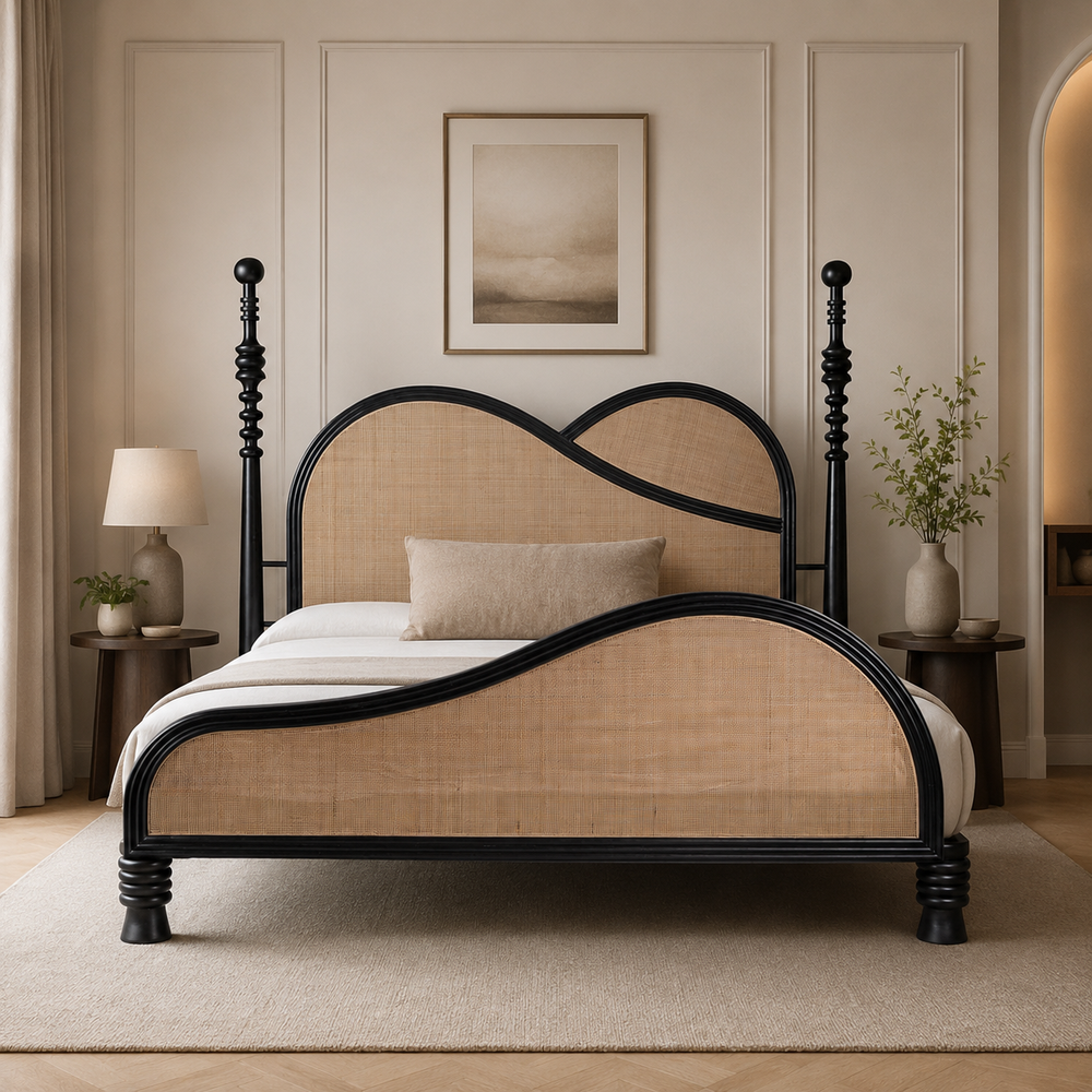 Luxury teak wood cane bed with curved wave headboard and black frame